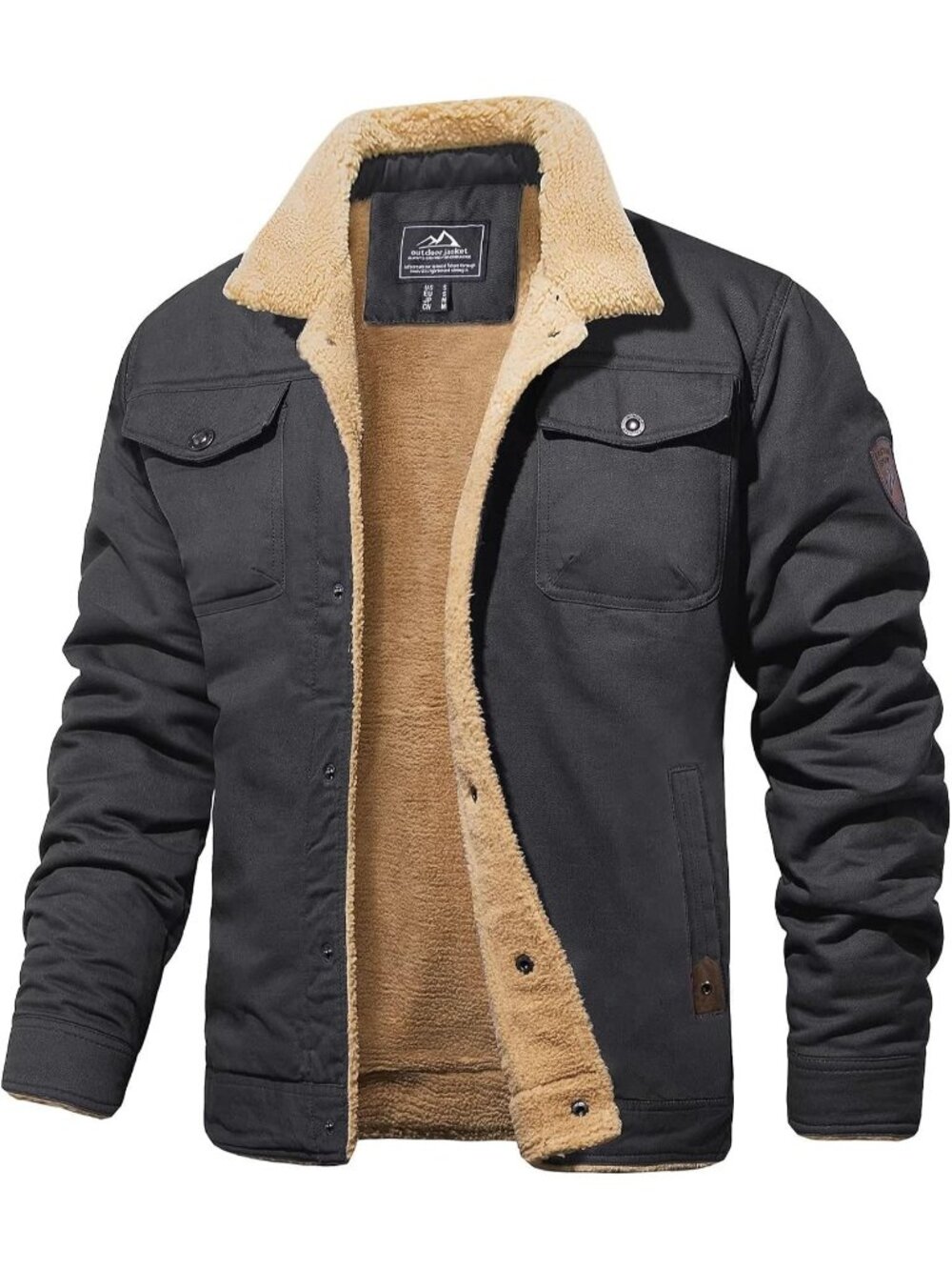 Mens Dark Grey Sherpa Fleece Jacket Winter Cotton Truck Coat Warm Casual Outerwe